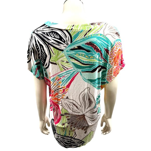 Chicos Short Sleeve Blouse Vibrant Multi Colored Floral Abstract Print V Neck - Picture 3 of 10
